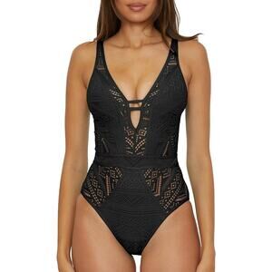 NWT New Becca Womens Medium Black Plunge Neck Back Tie One Piece Swimsuit